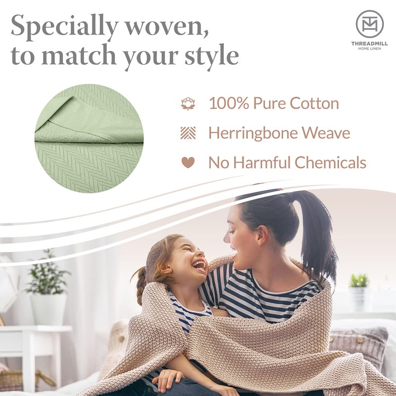 Threadmill Luxury Cotton Blankets Queen Size | All-Season 100% Cotton Blanket for Queen/Full Size Bed | Herringbone Soft Breathable | Sage Green - Image 3